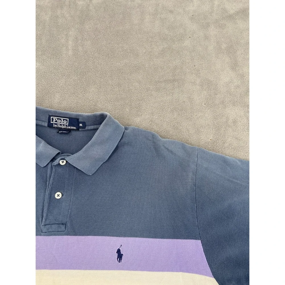 Vintage Polo Ralph Lauren Polo Shirt Mens XL Blue Striped Cotton Side Slit Golf